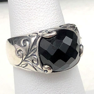 Black Tourmaline Sterling Silver Ring Size 6 High Dome Cushion Checkerboard Cut